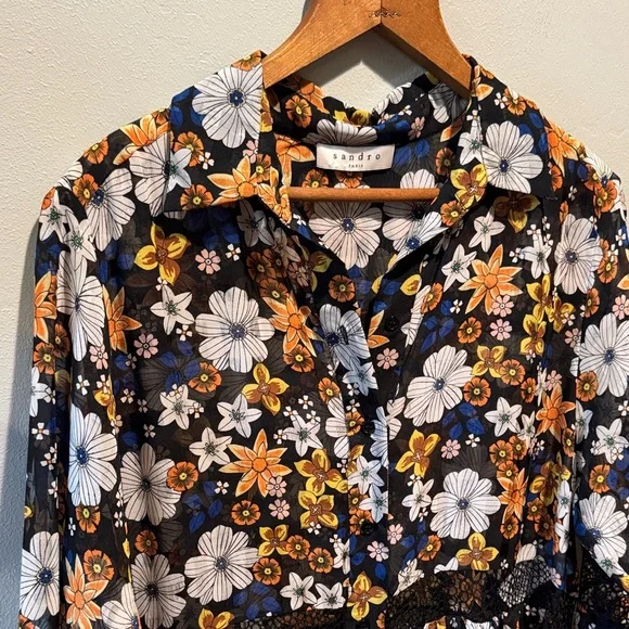 Sandro Paris Reyes Floral Button-Front Sheer Smock Dress in Black & Mustard - Picture 3 of 16